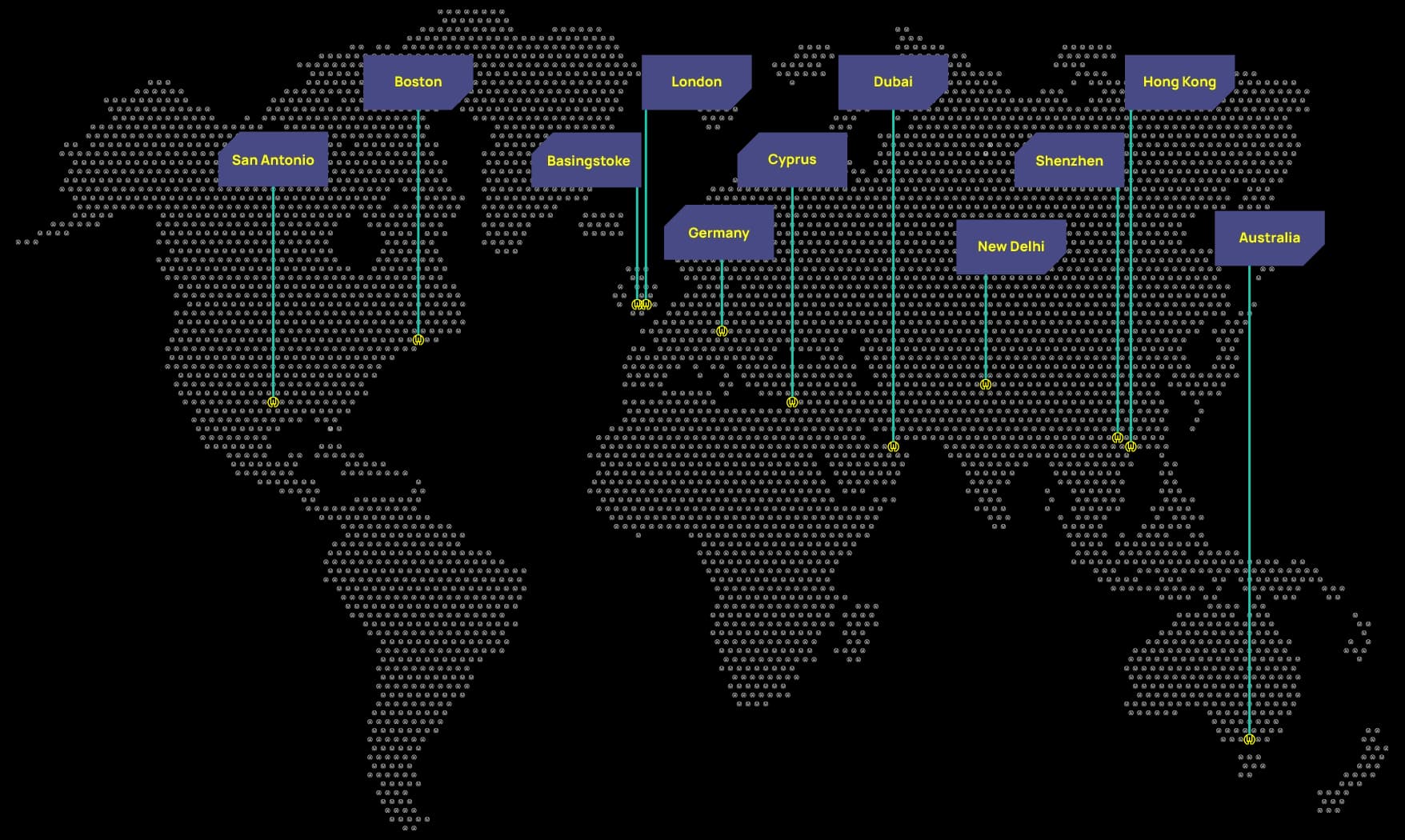 A map showing LED Studio locations: Dallas and Boston in the US, Basingstoke and Paddington in the UK, Cyprus, Dubai, Shenzhen, Hong Kong, and Australia.